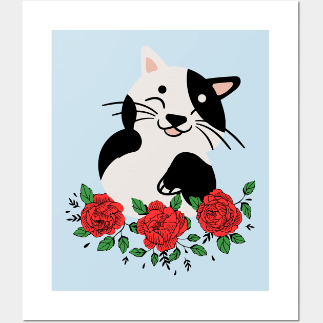 Happy Cat With Flowers Wall Art by ilustraLiza